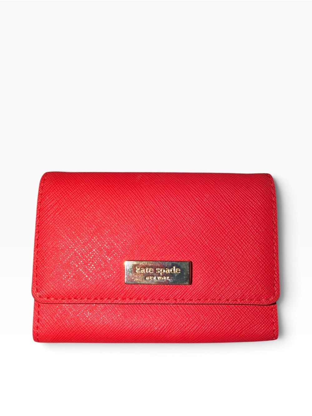 kate spade Coral Red Saffiano Trifold Wallet with Gold Plaque